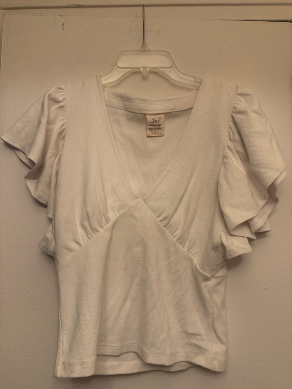 cinq a sept White V-Neck Ruffle Sleeve Top